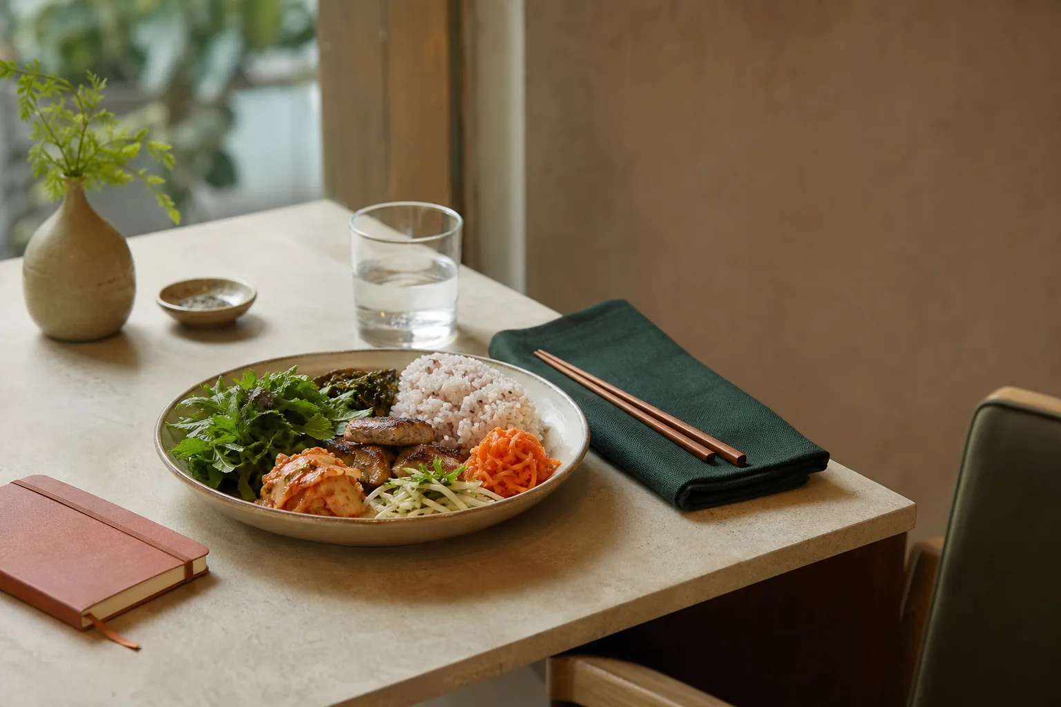 차분한 점심시간의 테이블과 식사